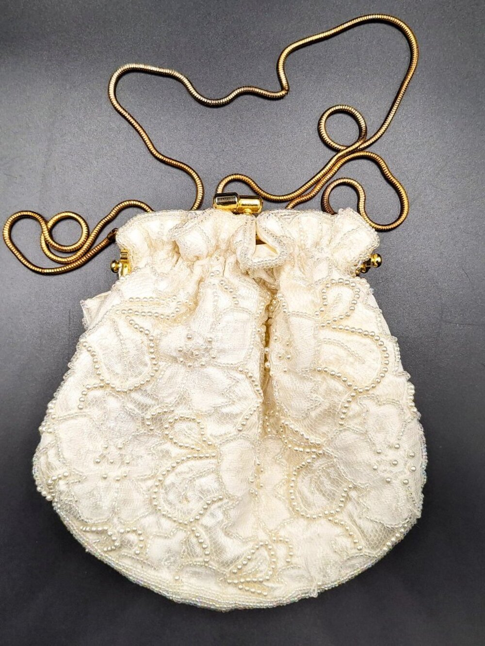Carolyne Barton Vintage Evening Purse Bag White Beaded Faux Pearl Snake Chain